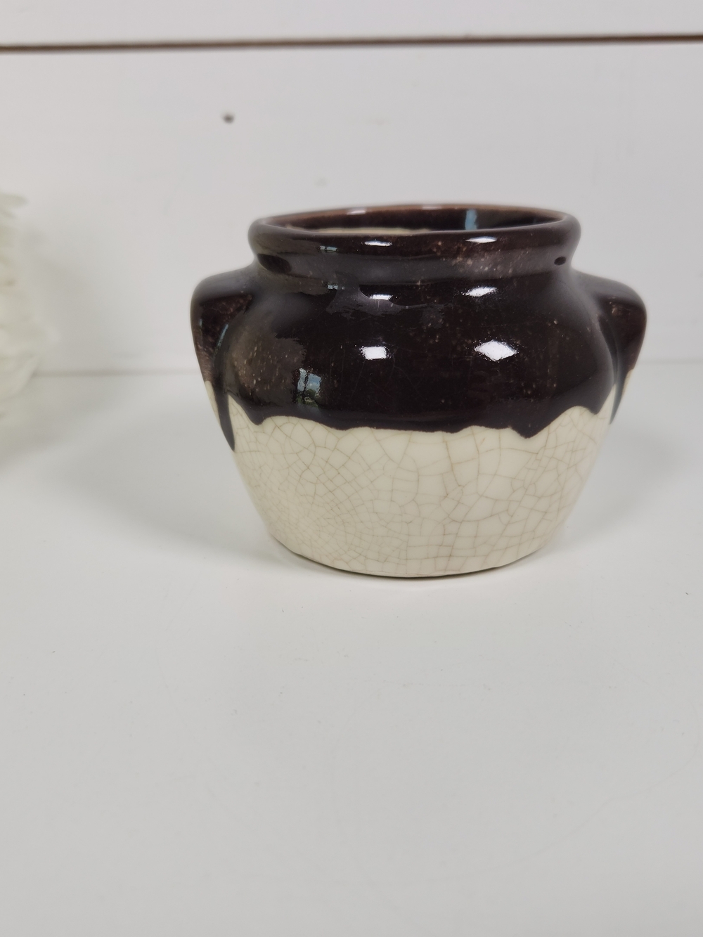 Vintage Mini Stoneware Bean Pot Crock Brown & White Crazed | Rustic Decor